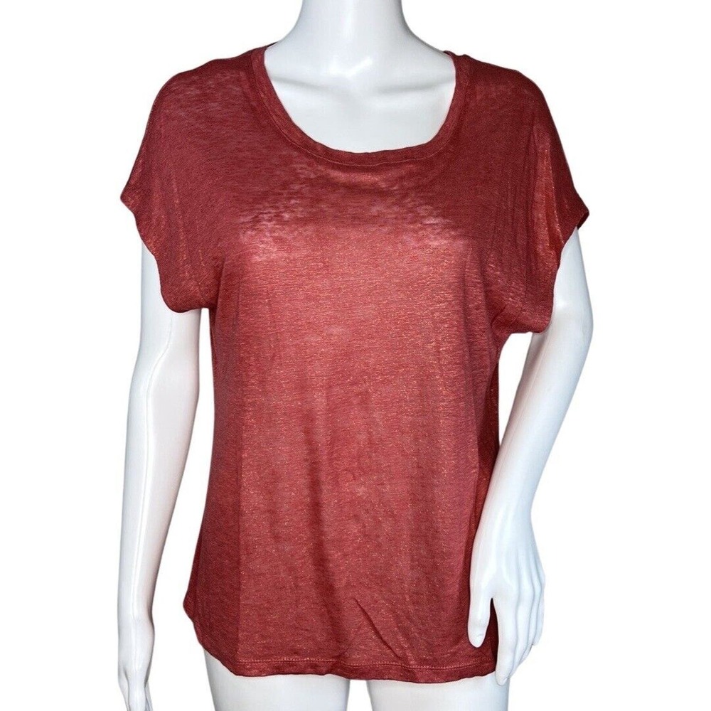 Monoprix Shirt Womens Small Rust Orange Gold Shimmer Les Essentiels Linen Casual